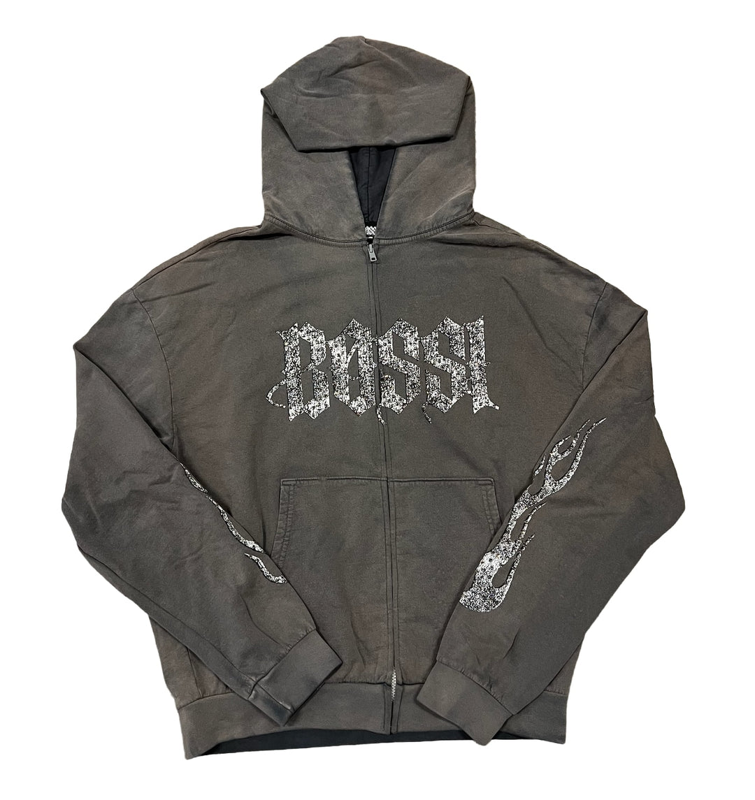BOSSI 'WASHED GREY AND WHITE' RHINESTONE ZIP-UP