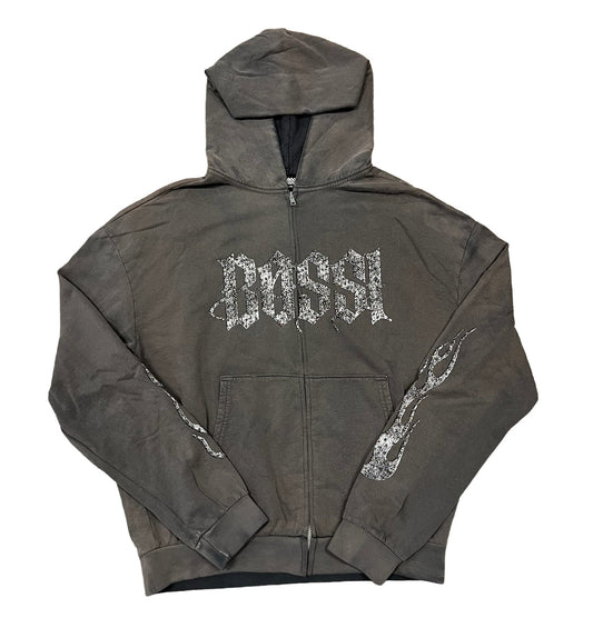 BOSSI 'WASHED GREY AND WHITE' RHINESTONE ZIP-UP