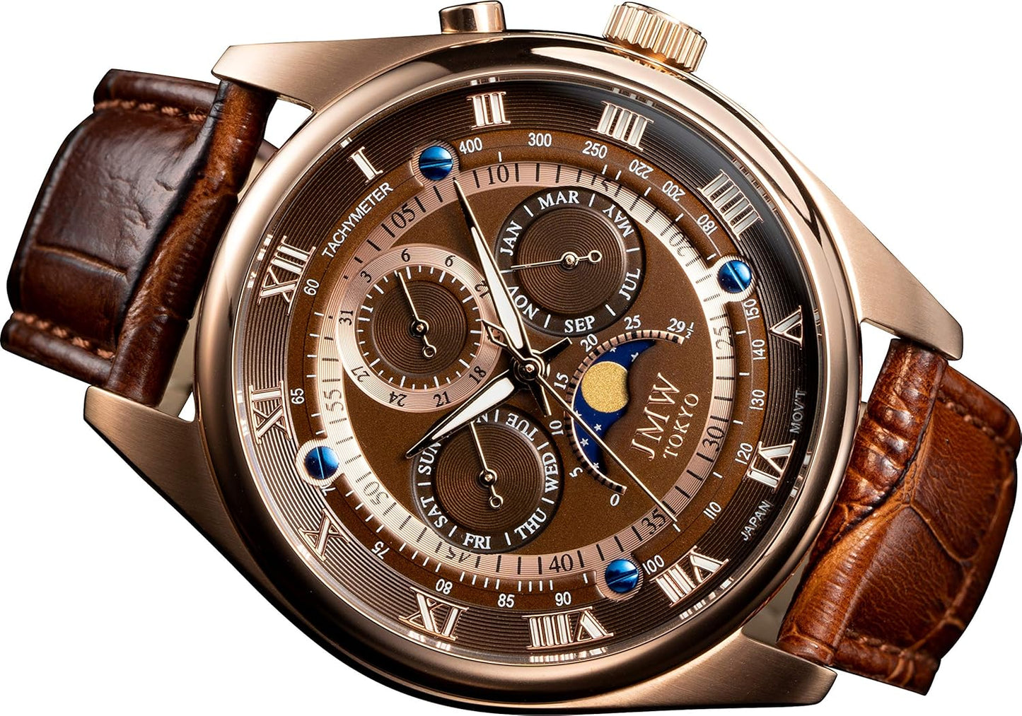 【JMW TOKYO】Men's Watch Advanced Moon Phase [Japanese-made Movement] 100m Waterproof Genuine Leather Strap Roman Index Brown & Gold Gift 【Limited to 300 Worldwide】 Father's Day Gift Present