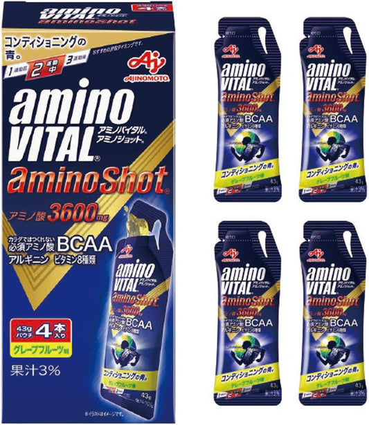 Amino Vital Ajinomoto Amino Shot Grapefruit Flavor, 1.5 oz (43 g) x 4 Bags, Amino Acids, 3600 mg BCAA Nutritional Jelly, Portable