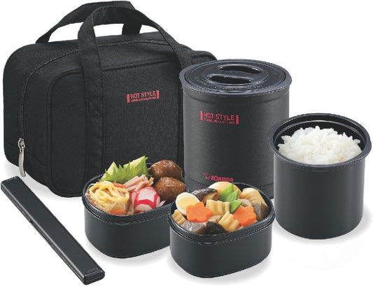 Zojirushi SZ-MB04-BA Thermal Lunch Box with Chopsticks & Pouch, Microwave-Safe, Rice Container, Side Container, Warm Lunch, Black