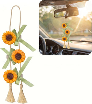 Sunflower Car Mirror Hanging Ornament, Cute Car Rearview Decoration Charm, Floral Charm for Automotive Interior Decorations, Rear View Decor for Vehicle (Yellow)