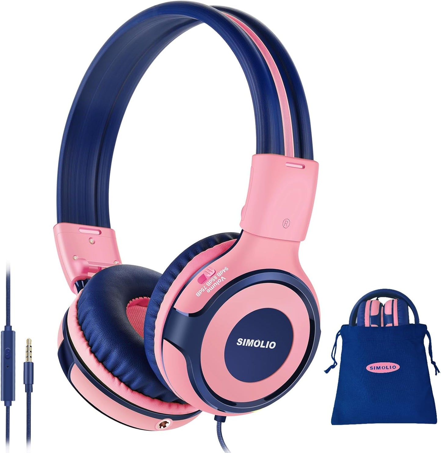 SIMOLIO 902P Children's Headphones, 75/85/94 dB Volume Limited, Kids Headphones, Wired Headphones, Microphone Included, Sharing Port, Cute, Foldable, Durable, On-Ear Kids Headset, Gift, Girls, School, Airplane, Music (Pink)
