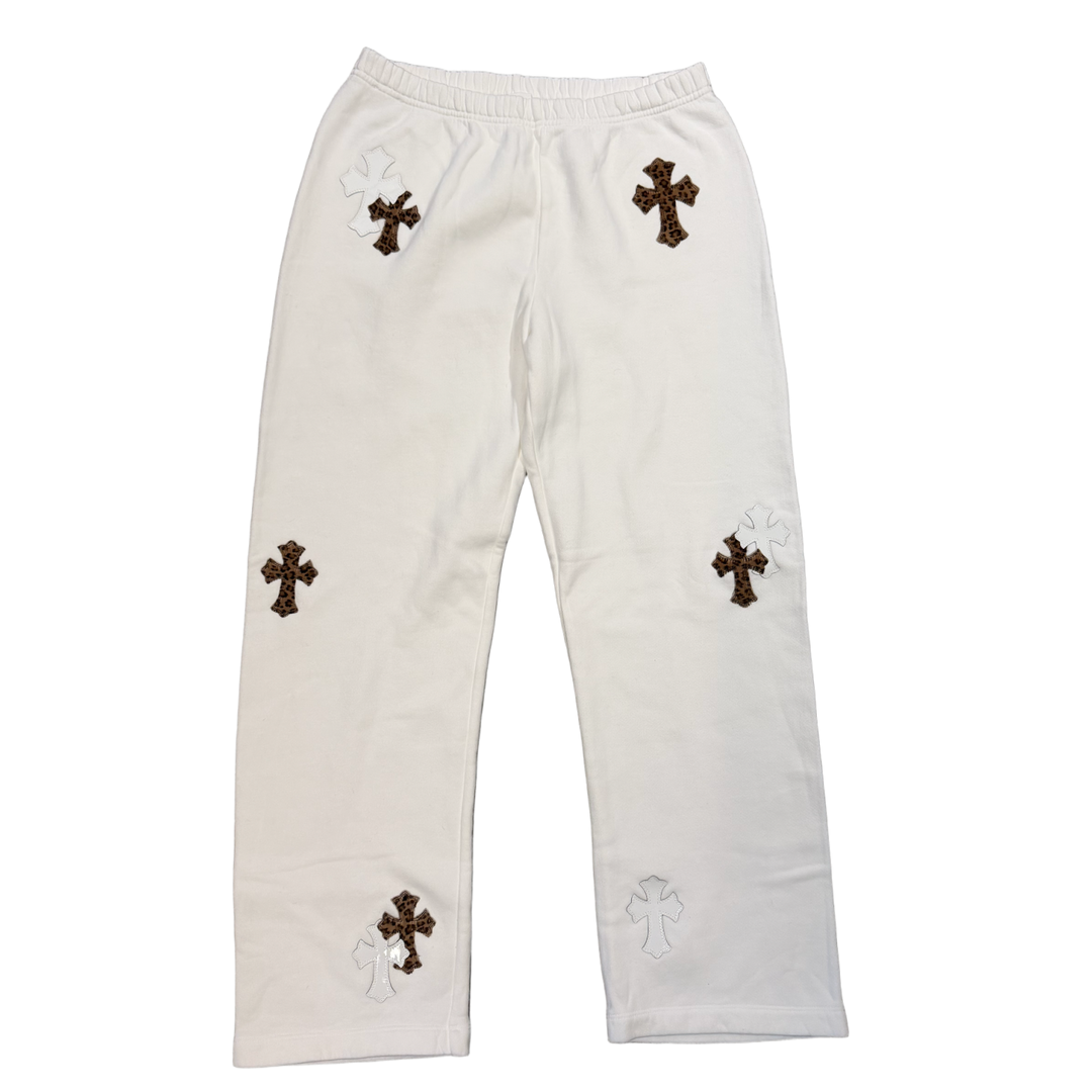 CHROME HEARTS 'CHEETAH AND WHITE LEATHER PATCHES' WHITE SWEATPANTS