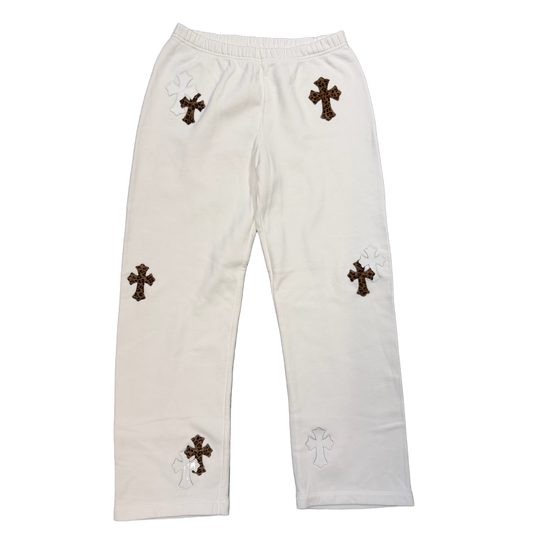 CHROME HEARTS 'CHEETAH AND WHITE LEATHER PATCHES' WHITE SWEATPANTS