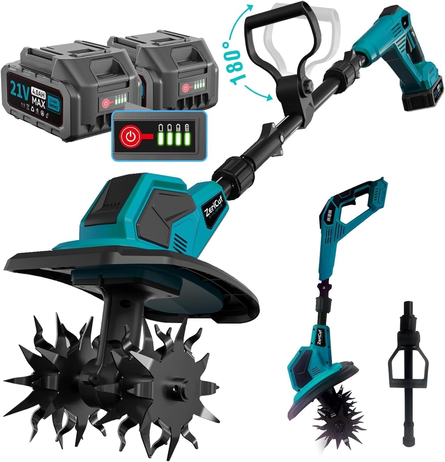 Tiller Electric Household Rechargeable 2026 (Industry's First 3-Stage Detachable - 2-Stage Switching Mini Tiller) 900 W + 360 RPM 3-Sided Cooling with Powerful Motor (Tilling Width 10.0 inch (255 mm