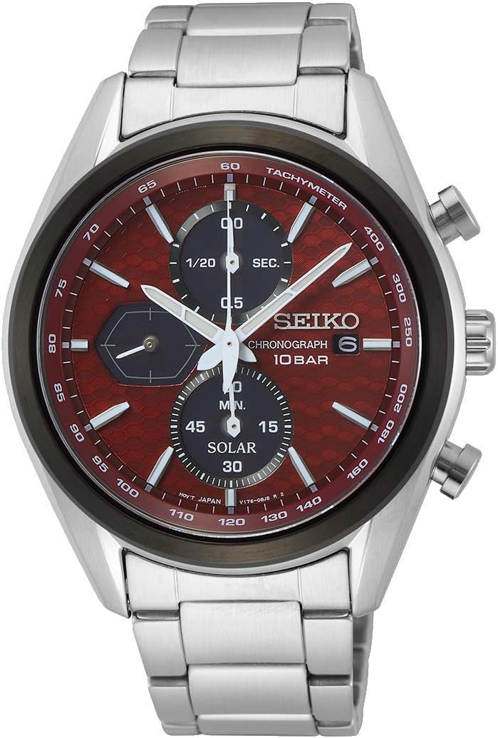 Seiko SSC771P1 McKina Sportiva Quartz Overseas Model Watch, Solar, Chronograph, Sapphire Glass, Men's Wine Red, Simple Band Adjustment Tool Included, Red series, Bracelet Type