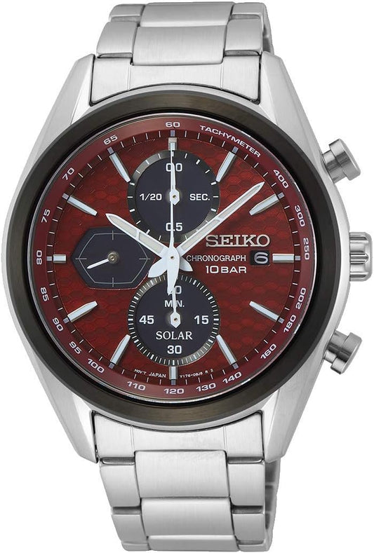 Seiko SSC771P1 McKina Sportiva Quartz Overseas Model Watch, Solar, Chronograph, Sapphire Glass, Men's Wine Red, Simple Band Adjustment Tool Included, Red series, Bracelet Type
