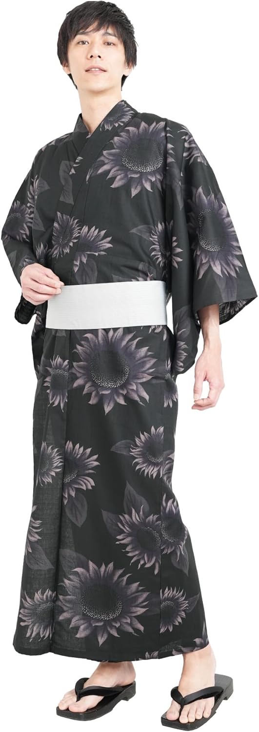 Nishiki Men's Yukata + One-Touch Belt Set, 2-Piece Set, Tailored with Japanese Pattern, Japanese Clothing, Fireworks Festival