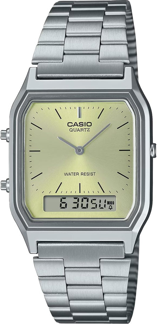 Casio Ana-Digi Analog Digi Quartz Wristwatch, Vintage Series, AQ-230 Series, Unisex, Dual Time, Overseas Model, Lime Yellow AQ-230A-9AMQY, Bracelet Type