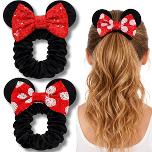 Styla Hair Paquete de 2 coleteros de ratón para niños, de terciopelo, con lentejuelas brillantes, para cola de caballo (rojo y negro)