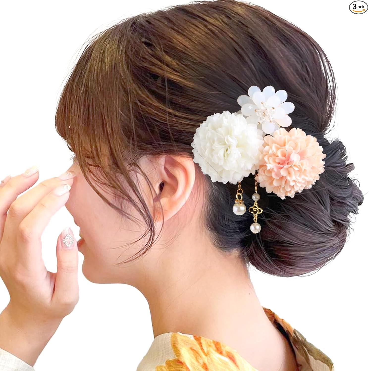 JZOON Hair Ornaments 3-Piece Set, Flowers, Yukata, Coming-of-Age Ceremony, Graduation Ceremony, Fireworks Display, Ping Pong Mom, Pearl, Hair Accessories, Cute, Long Sleeve Hakama, Coming-of-Age
