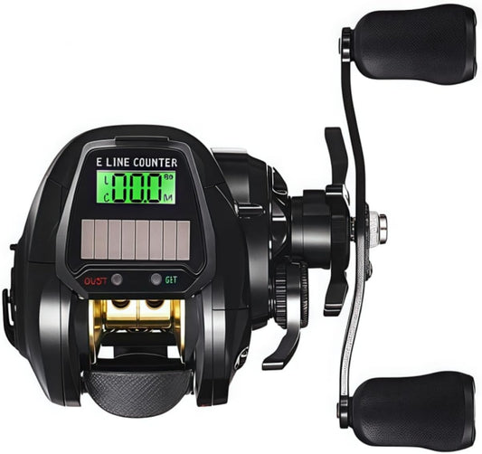 FYDN7.2:1 Gear Ratio Digital Fishing Reel Bait Fishing Reel Handle Solar Digital Display Hook with Bite Alarm Function Line Counter USB Charging Left/Right Winding Options Suitable for Freshwater Sea