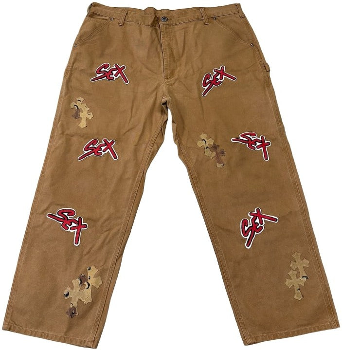 CHROME HEARTS MATTY BOY 'SEX RECORDS' CAMO PATCHES TAN PANTS