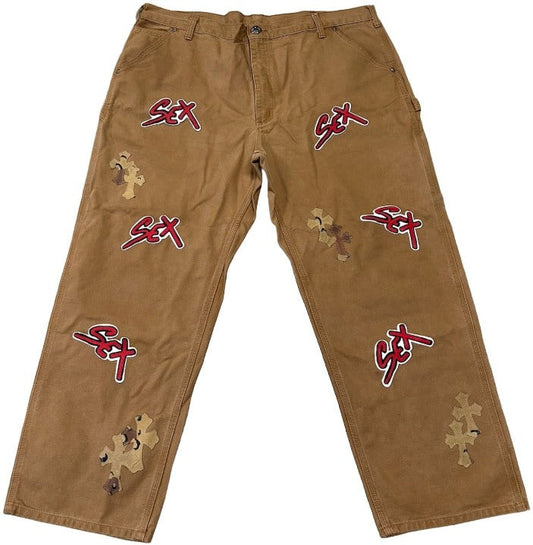 CHROME HEARTS MATTY BOY 'SEX RECORDS' CAMO PATCHES TAN PANTS