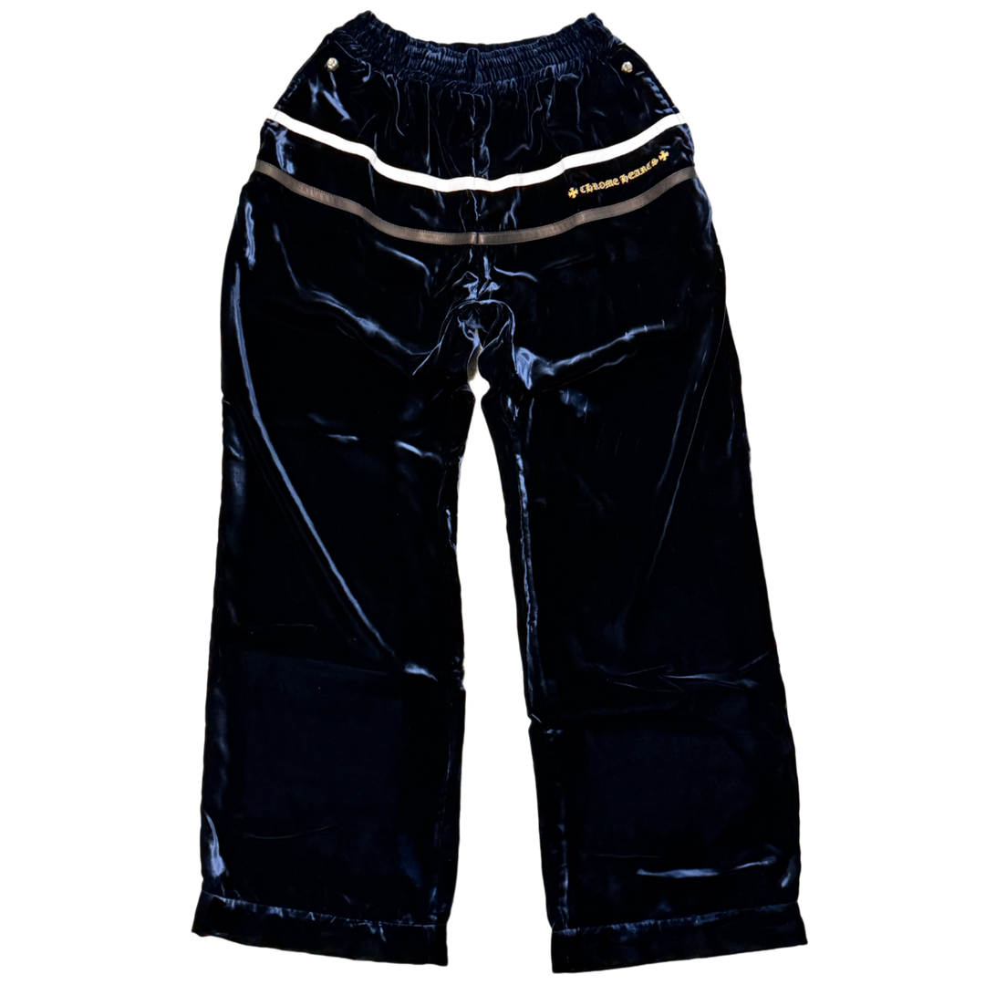 CHROME HEARTS 'NAVY' Y NOT BLACK AND WHITE EMBROIDERED VELOUR TRACK PANTS
