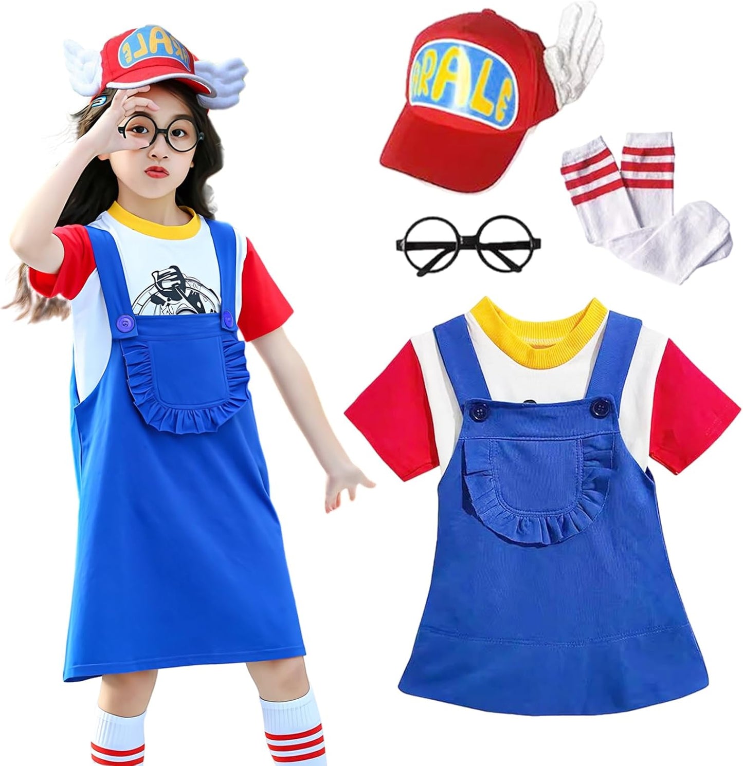 Angenster Arale-chan Cosplay, Children's, Halloween, Cosplay, Kids' Anime-Style Costume, 5-piece Set, Suspenders, Hat, Glasses, Socks, T-shirt, Fancy Dress, Stylish, Cute, Christmas Photo,