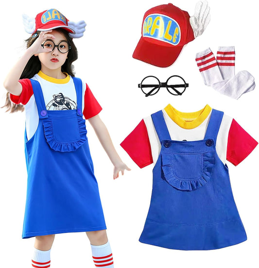 Angenster Arale-chan Cosplay, Children's, Halloween, Cosplay, Kids' Anime-Style Costume, 5-piece Set, Suspenders, Hat, Glasses, Socks, T-shirt, Fancy Dress, Stylish, Cute, Christmas Photo,