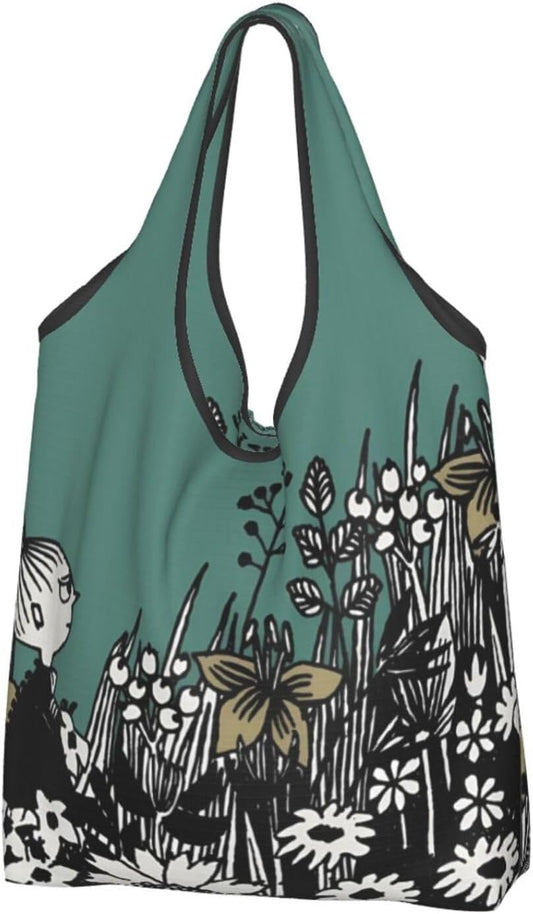 NEWNAN Moomin, Large Capacity, Eco Bag, Foldable, Compact, Shopping Bag, Waterproof, Lightweight, Pocket-Size, For Convenience Stores, Popular, Goods, Animation, Black