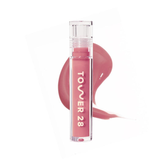 Tower 28 ShineOn - Jalea de labios lechosa, PISTACHIO, antiadherente, brillo labial vegano hidratante en rosa nude lechoso, aceite hidratante de albaricoque y semillas de frambuesa, limpio, libre de