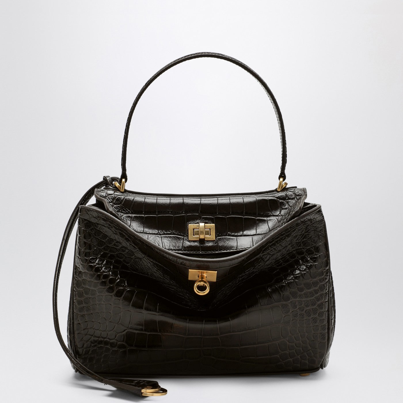 Balenciaga 茶色のワニエフェクトレザーのバレンシアガスモールロデオバッグ - Image 1