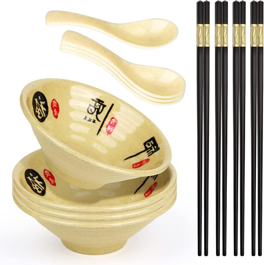 Melamine Ramen Bowl Chinese Japanese Style Soup Bowl Ramen Japanese Ramen Bowl, Instant Ramen Bowl, For Udon, Soba, Fo, Noodles, Breakfast, Melamine Material, Soup Bowl, Ramen, Asian Cooking (Color: B-4 sets/beige, Size: 9 inches)