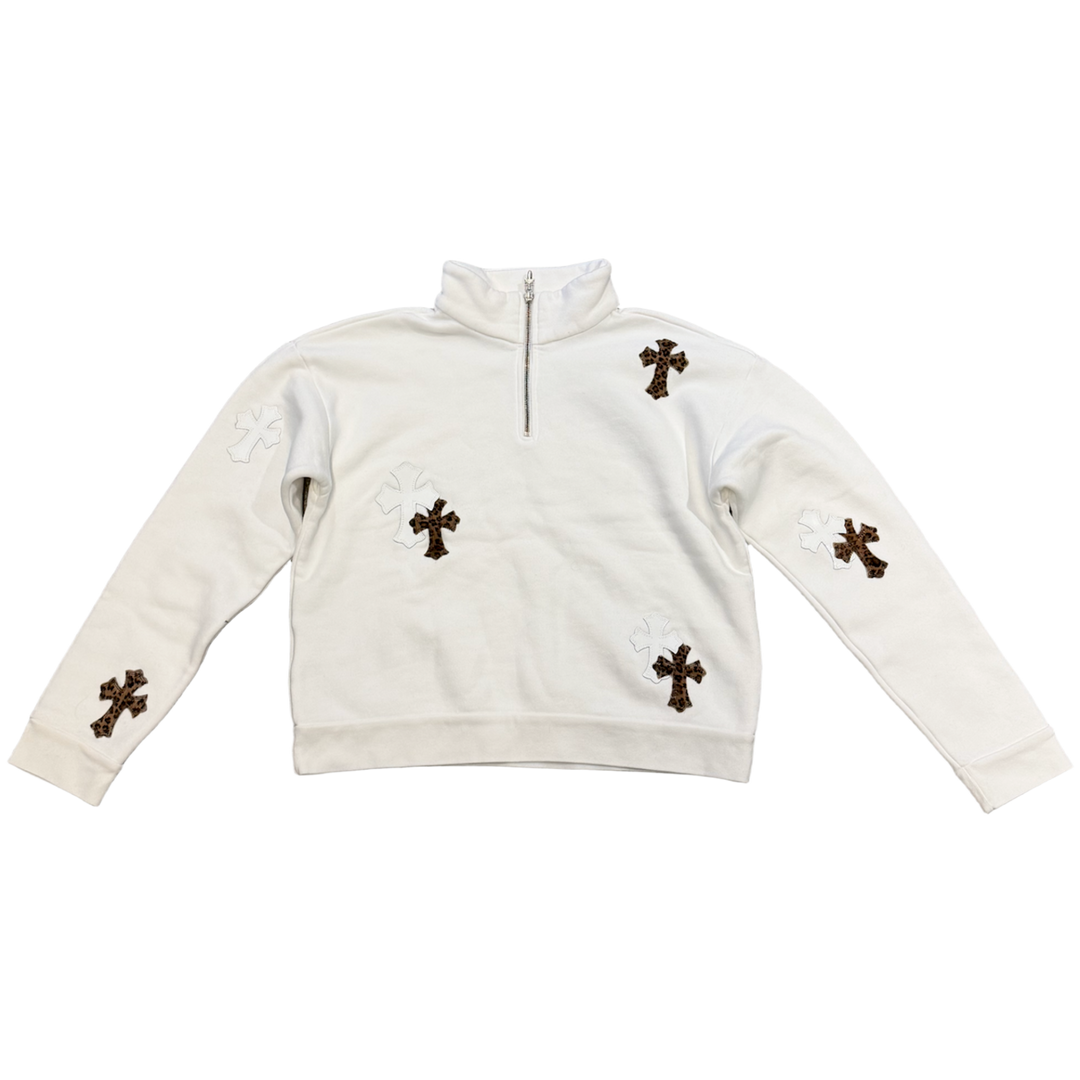 CHROME HEARTS 'CHEETAH CROSS PATCH' WHITE QUARTER ZIP