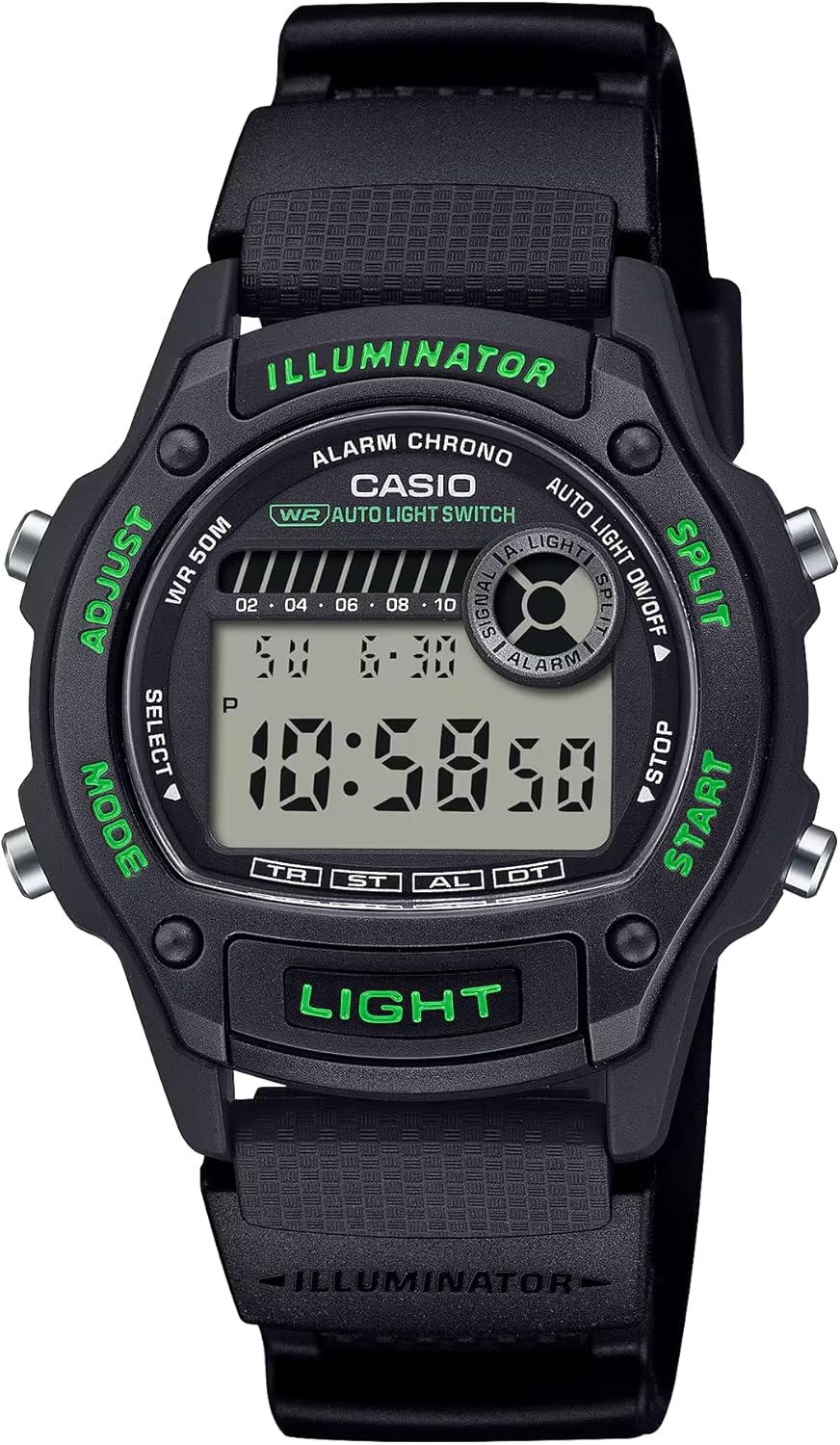 Casio W-220H Standard Digital Watch, Waterproof, Lightweight, Thin, Simple, Easy Operation, Auto Light, Alarm, Timer, Stopwatch, Target Time, Boys Sizes, Small, Small, black/green