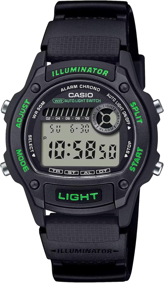 Casio W-220H Standard Digital Watch, Waterproof, Lightweight, Thin, Simple, Easy Operation, Auto Light, Alarm, Timer, Stopwatch, Target Time, Boys Sizes, Small, Small, black/green
