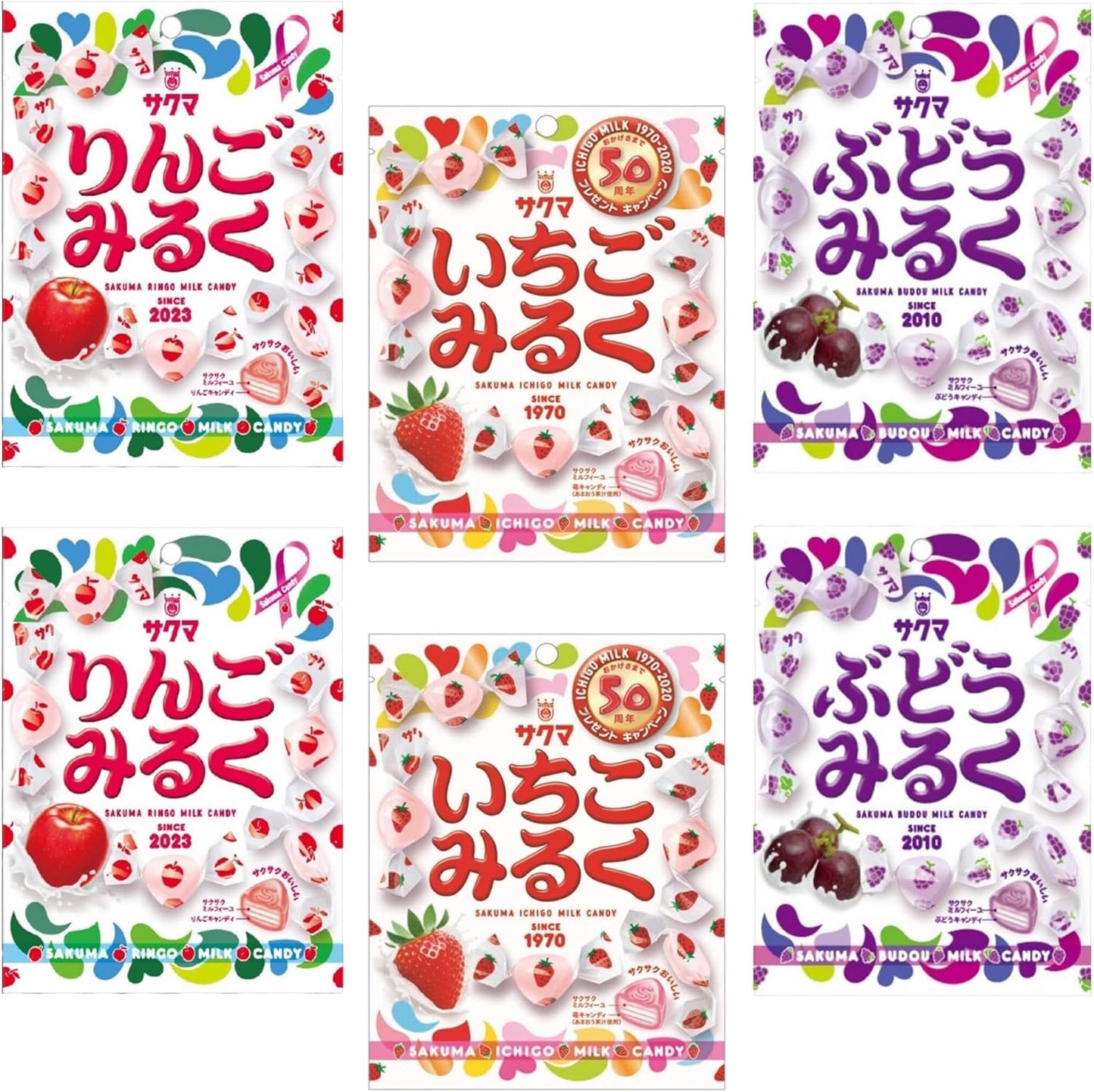 Sakuma Confectionery (Strawberry Miruku x 2 1.4 oz (40 g) x 2 Bags, Apple Miruku 1.4 oz (40 g) x 2 Bags, Grape Miruku 1.4 oz (40 g) x 2 Bags), Set of 3 Types Total, 6 Bags, Candy, Fruit Milk Flavor