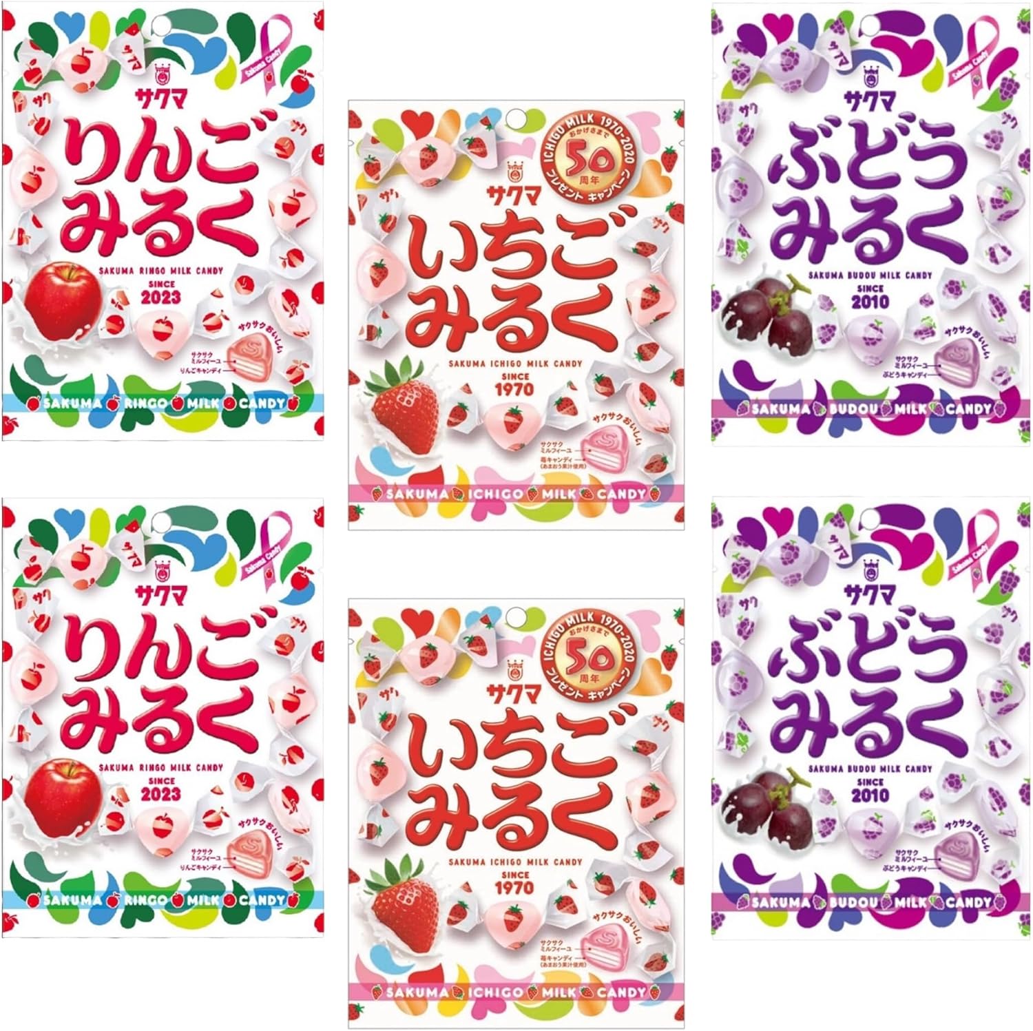 Sakuma Confectionery (Strawberry Miruku x 2 1.4 oz (40 g) x 2 Bags, Apple Miruku 1.4 oz (40 g) x 2 Bags, Grape Miruku 1.4 oz (40 g) x 2 Bags), Set of 3 Types Total, 6 Bags, Candy, Fruit Milk Flavor
