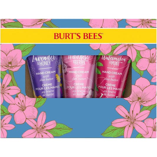 Burt's Bees Regalo de Primavera, 3 Regalos Hidratantes de Cuidado Personal, Trío de Crema de Manos con Manteca de Karité Conjunto de Primavera - Lavanda y Miel, Rosa Silvestre y Bayas y Sandía y Menta