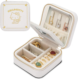 L'a Poume Sanrio Jewelry Case, Accessory Case, Ring Case, Medium Size, Compact with Mirror, Portable, Travel, Business Trip (Hello Kitty (Off-White)