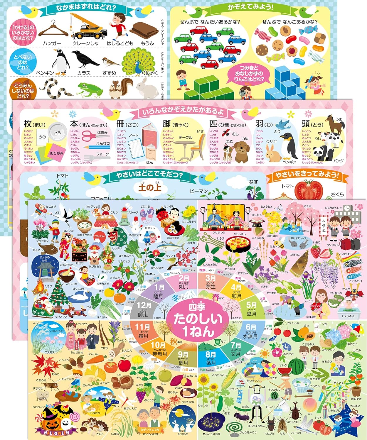 O Furo no Gakkou Elementary School Entrance Exam Preparation Educational Learning Bath Poster 3-Piece Set Made in Japan (Covers Seasonal Flowers, Food, Events, Counting Methods, 24 Solar Terms, and