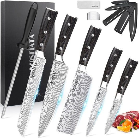MOSFIATA Knife Set - [Gyuto Knife, Santoku Knife, Bread Knife, Paring Knife, 5 Piece Set Kitchen Knife, High Carbon Stainless Steel Handle - 178mm Santoku Knife, 203mm Kitchen Knife, 203mm Bread Knife