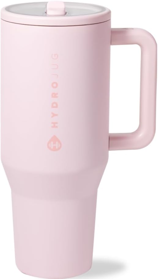 HydroJug Traveler - Botella de agua 32 oz con asa y pajilla abatible, apto para soporte para vasos, resistente a fugas, reutilizable, aislado, acero inoxidable y base de goma, unisex, rosado arena