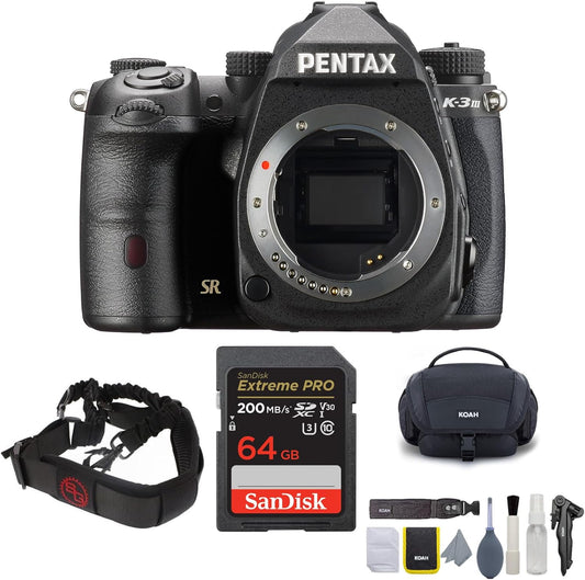 Pentax K-3 Mark III Camera Body (Black) Cleaning Kit, Padded Strap, 64GB SD Card (4 Items)