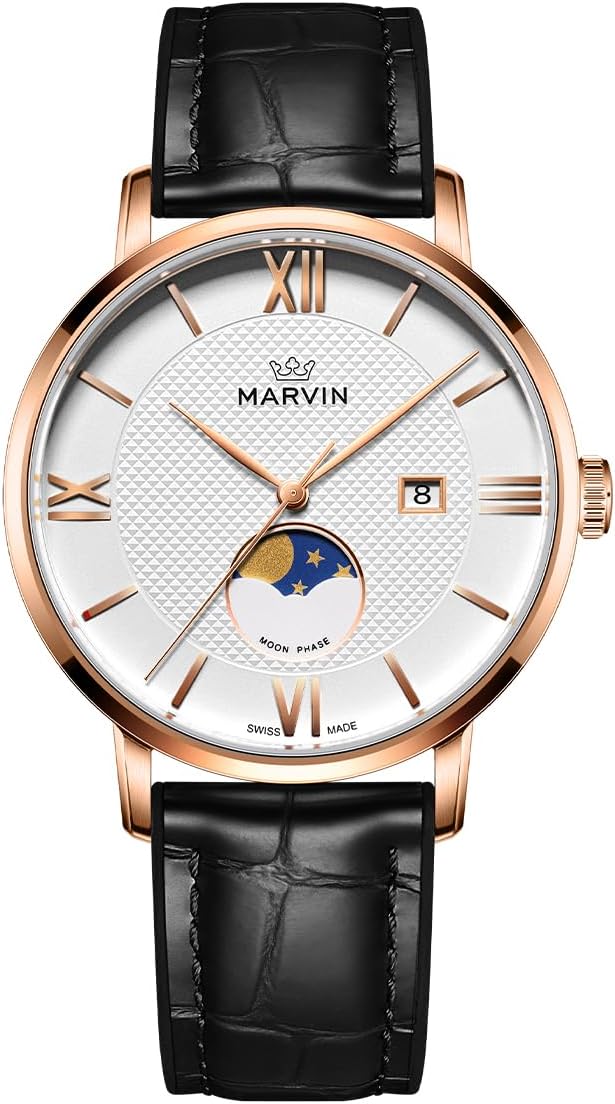 MARVIN Luxury Men's Watch Casual Swiss Watch with Silicone and Leather Strap for Men, Stainless Steel Case, Quartz Movement, 50M Water Resistant, gold, Modern/Business/Classic