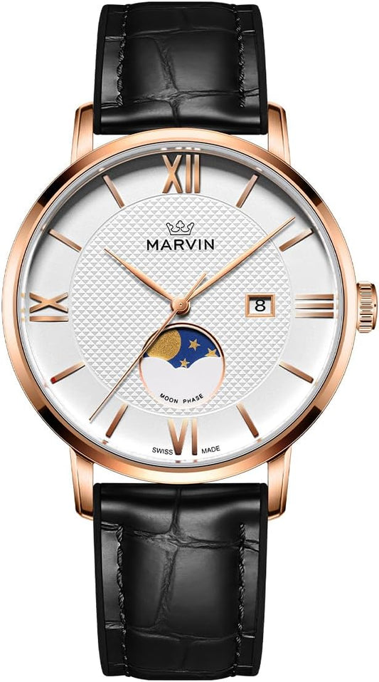MARVIN Luxury Men's Watch Casual Swiss Watch with Silicone and Leather Strap for Men, Stainless Steel Case, Quartz Movement, 50M Water Resistant, gold, Modern/Business/Classic