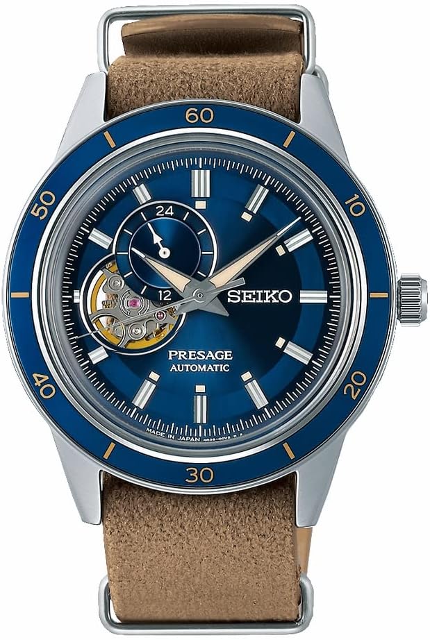 Seiko Watch PRESAGE Style 60's Mechanical Men's, Model: Open Heart/Case: Silver / Dial: Blue / Band: Brown (synthetic leather), 1 piece, Open Heart Model