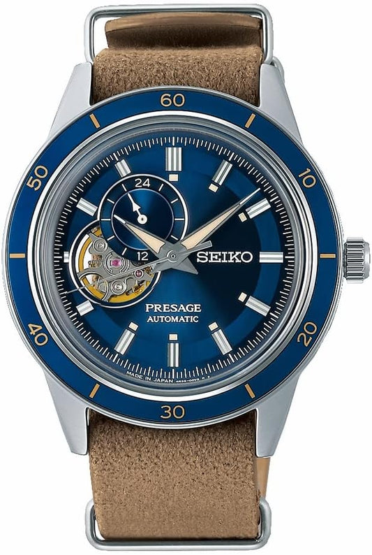 Seiko Watch PRESAGE Style 60's Mechanical Men's, Model: Open Heart/Case: Silver / Dial: Blue / Band: Brown (synthetic leather), 1 piece, Open Heart Model