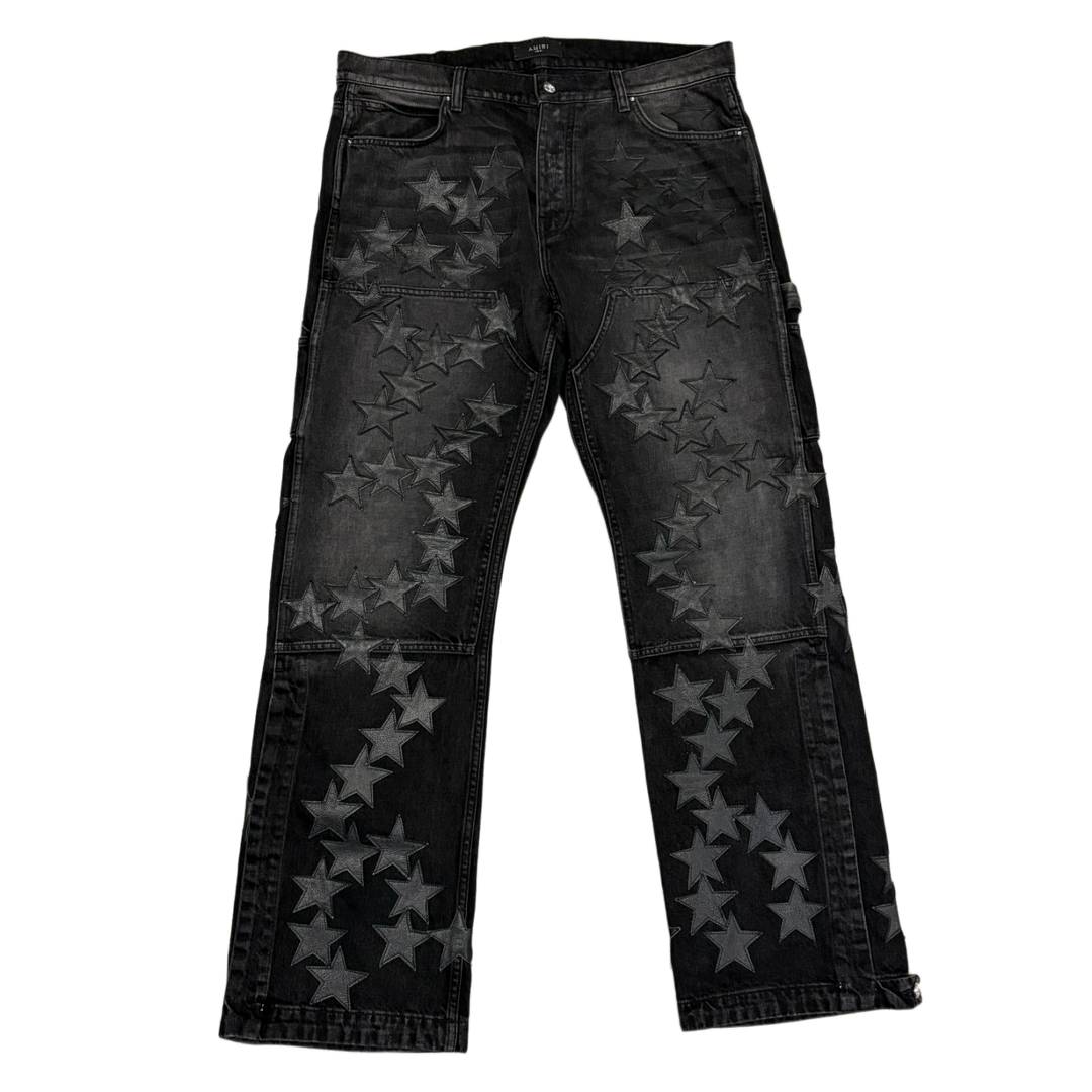 AMIRI 'BLACK' CHEMIST LEATHER STAR PATCH DOUBLE KNEE CARPENTER JEANS
