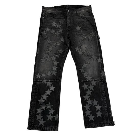 AMIRI 'BLACK' CHEMIST LEATHER STAR PATCH DOUBLE KNEE CARPENTER JEANS