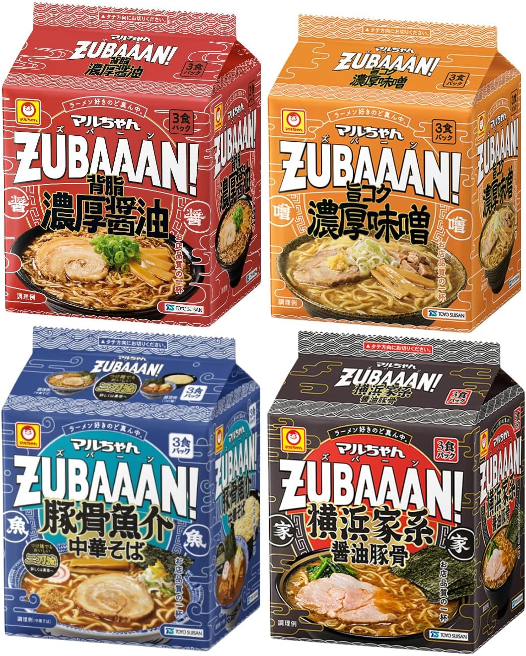 【限定】Maruchan ZUBAAAN! 3 Meals 4-Variety Set (Back Fat Rich Soy Sauce, Rich Umami Miso, Yokohama-Style Soy Sauce Tonkotsu, Pork Bone Seafood Chinese Noodles each 1 piece, total 4 pieces)
