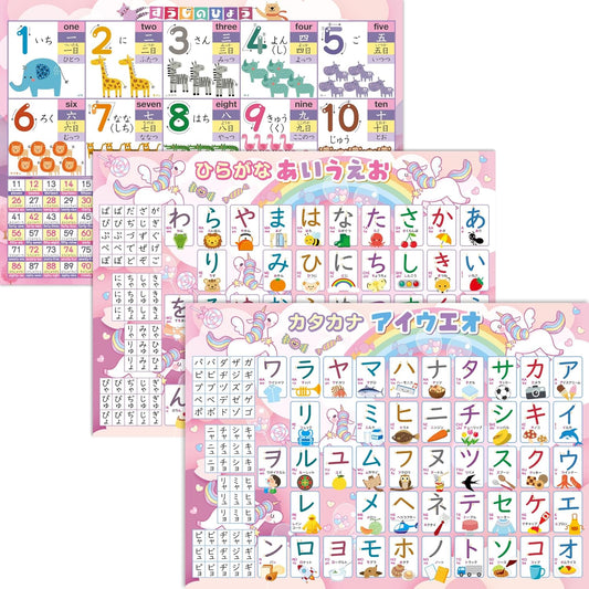 Bath School, Set Price, Suuji no Hail (Animal), Hiragana and Katakana (Unicorn) Bath Poster, Set of 2 Types, Made in Japan, Numbers, Letters, Exams, Learning, Education, B3 Size, Waterproof