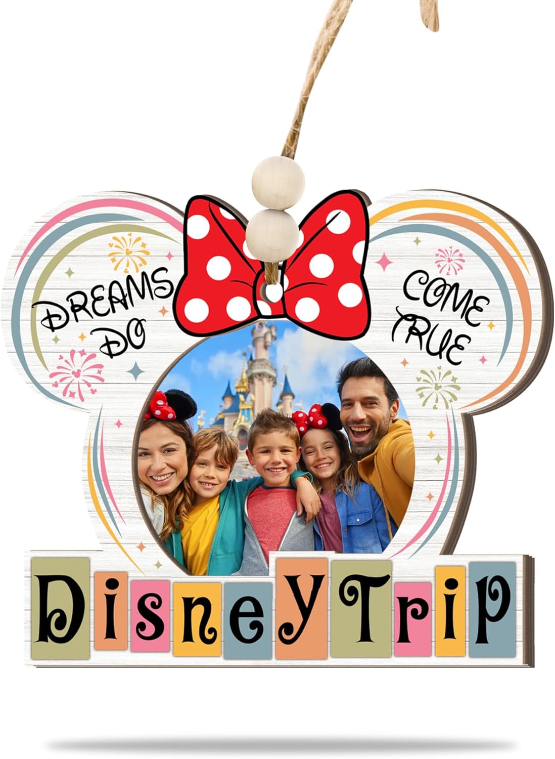 Adorno de Madera para Fotos de Viaje de Vacaciones Familiares – Orejas con Diseño de Lazo, "Dreams Do Come True" Recuerdo de Vacaciones Familiares del Reino Mágico, Decoración Rústica Navideña con