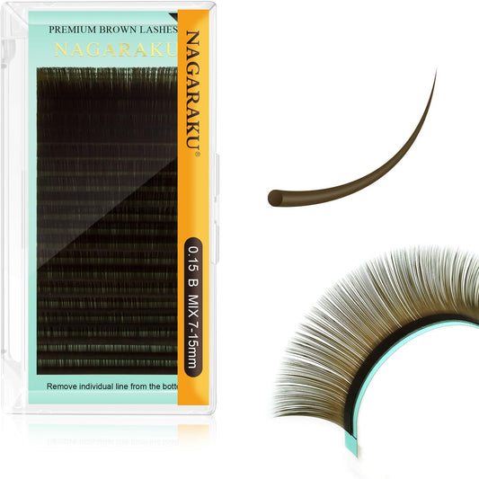 NAGARAKU Eyelash Extensions Light Brown Color 0.15mm B Curl 7-15mm Mix Tray Individual Eyelashes Classic Faux Mink Volume 20 Rows Soft Light