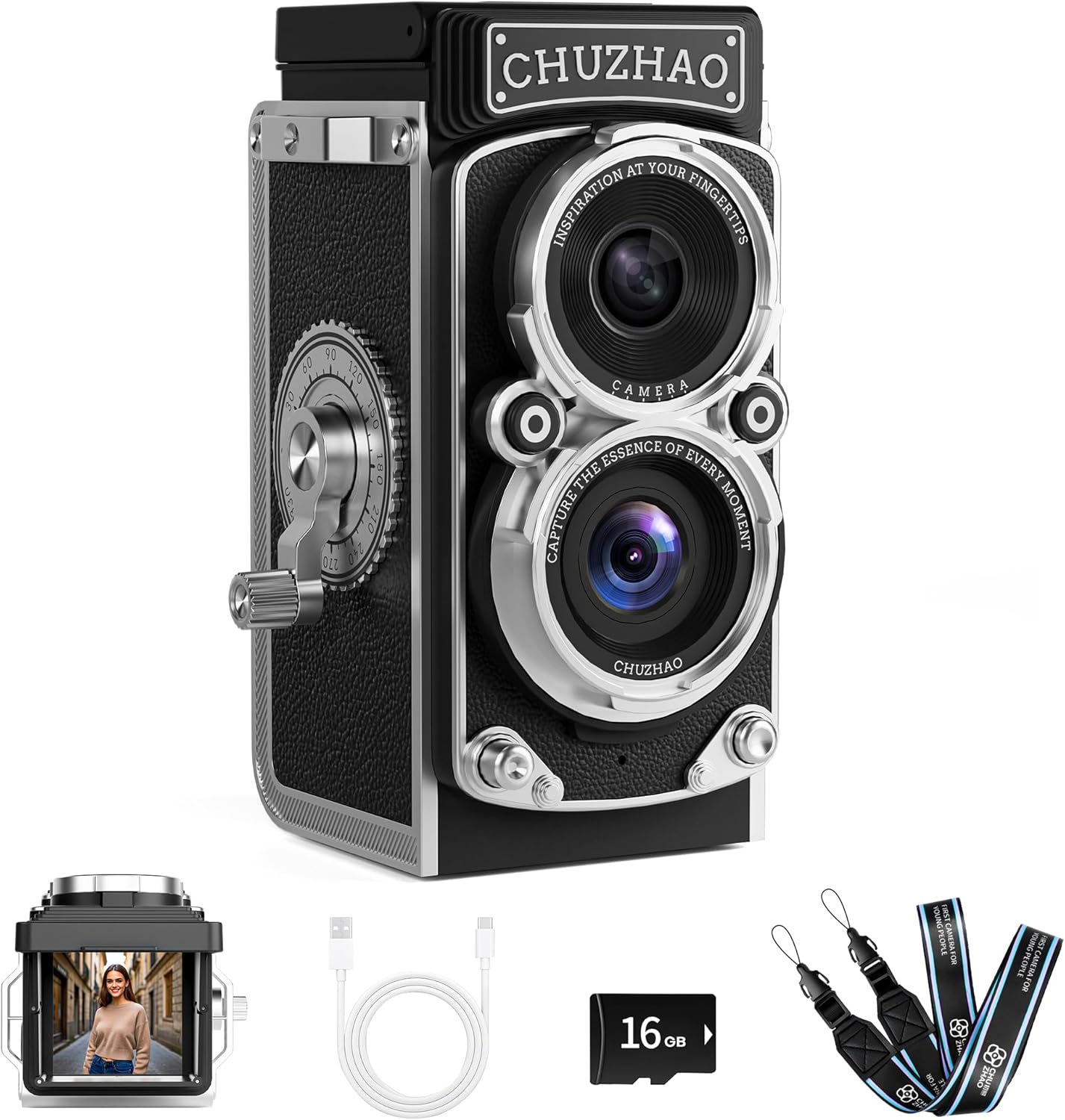 CHUZHAO Mini Retro Digital Camera - Vintage TLR Style Compact SLR Digital Camera with Autofocus 16GB SD Card Perfect Gift for Beginners, Teens, Kids and Adults