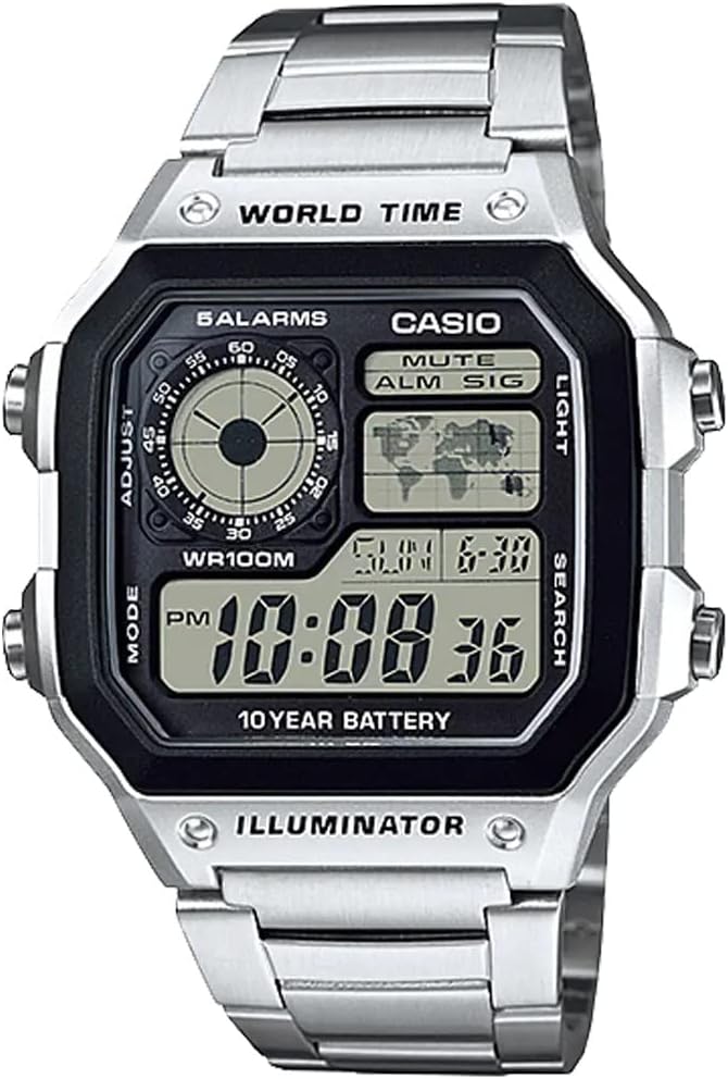 Casio World Time Digital Men's Watch AE-1200 Series International Model, Silver Metal AE-1200WHD-1AV, Bracelet Type