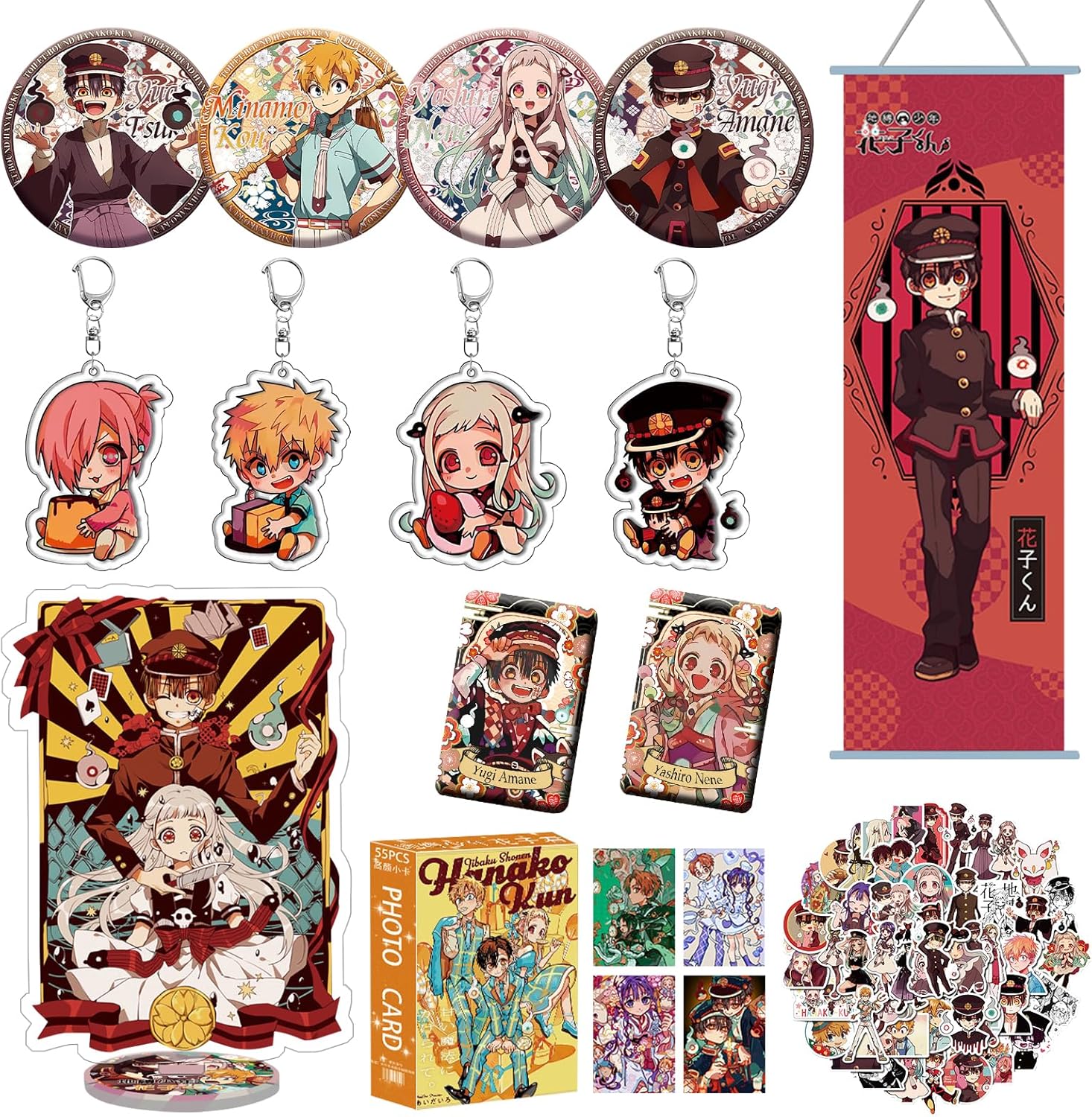 Geibaku Shounen Hanako-kun Goods Lucky Bag Set Acrylic Stand 75mm Pin Badges 4pcs Keychain Wall Hanging Stickers 50pcs LOMO Card 55pcs Present School Festival Collection [Parallel Import]